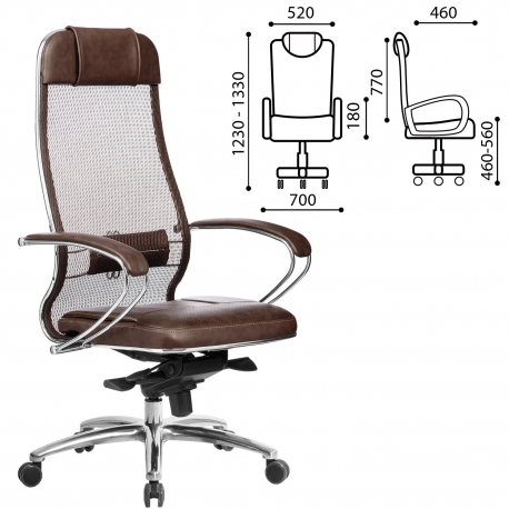 Фото: Кресло офисное МЕТТА «SAMURAI» SL-1.04, сверхпрочная ткань-сетка/кожа, темно-коричневое