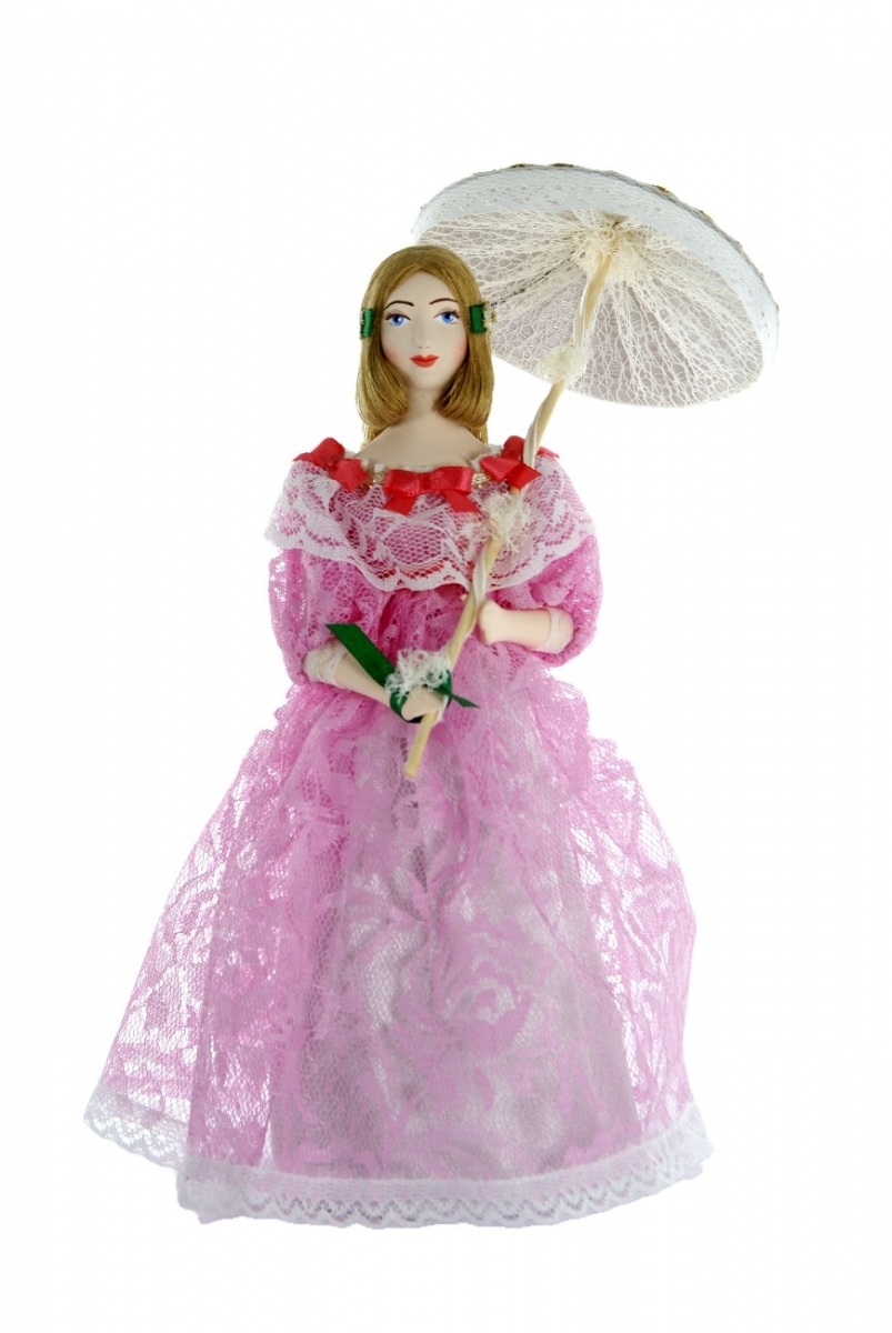 Фотография 1: Кукла фарфоровая коллекционная в костюме барышни в летнем платье с зонтиком